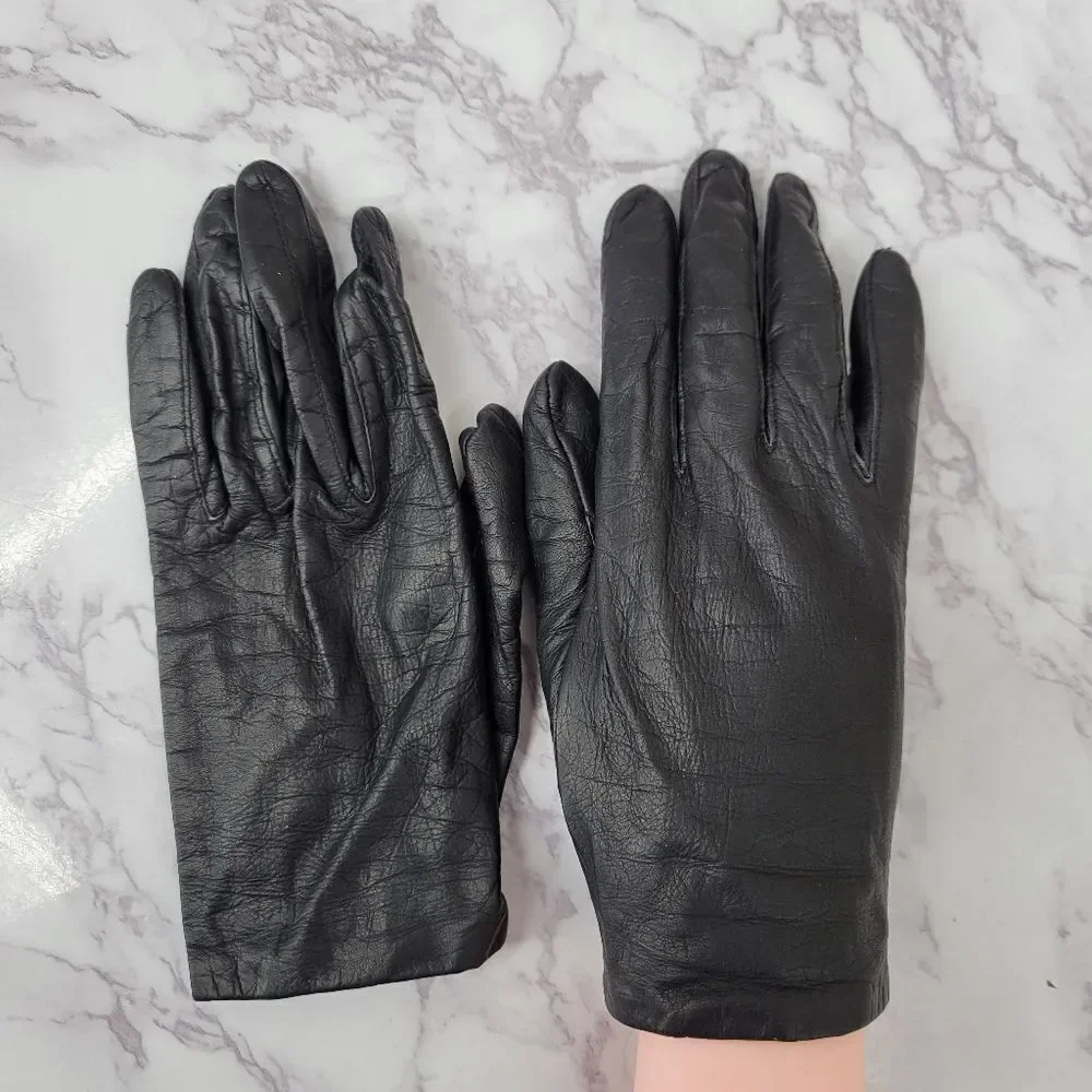 Fownes Vintage Black Leather Goat Kid Skin Short Driving Gloves Silk Lining